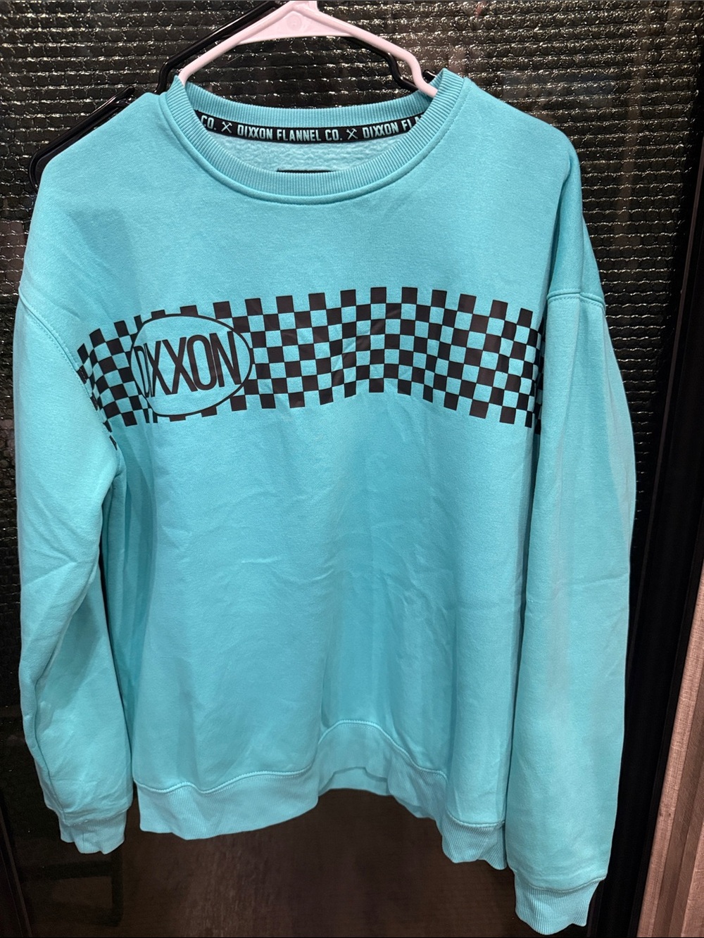 DIXXON Aqua Crew Sweatshirt with Black Checkerboard